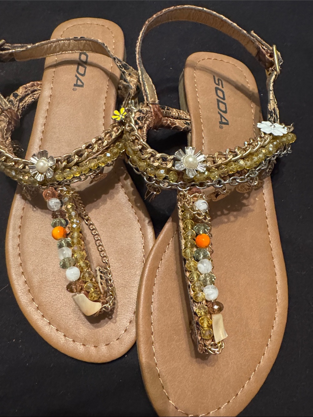 SODA Beaded T-Strap Sandals in Metallic Brown with Yellow and Orange Accents